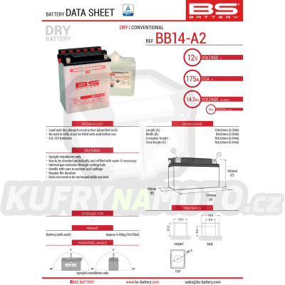 BS baterie moto BB14-A2 (YB14-A2) 12V 14AH 134X89X166 s elektrolytem v balení - konvenční (175A) (4)