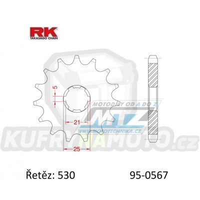 Kolečko řetězové (pastorek) 0567-15zubů RK - Yamaha RD250DXD + RD250LC + RZ250 + XS250 + RD350LC + XS400 + XS400SE + RD250DXC + RD250DXE + RD400DX + RD400DXE + XS400