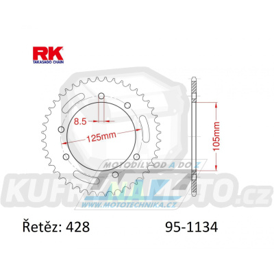 Rozeta ocelová (převodník) 1134-48zubů RK - Derbi 125 Baja+125 Cross City+125 Senda+125 Terra + Malaguti 125 X3M Motard + Peugeot 125 XPS + Rieju 125 RS3+125 SMX+ 125 Tango+125 Marathon Pro + Yamaha XT125 X+XT125R + Motor Hispania 125 Duna