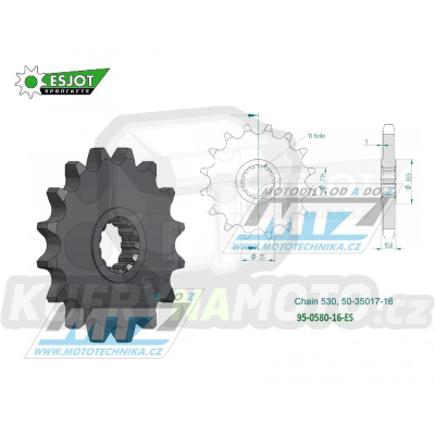 Kolečko řetězové (pastorek) 0580-16zubů ESJOT 50-35017-16 - Yamaha FZ6+FZ6 Fazer + YZF750R+YZF-R6+YZF-R7+YZF1000R Thunder Ace+FZR1000R Exup + GTS1000 + FZ700+FZ750+FZX700+FZX750+FZR750