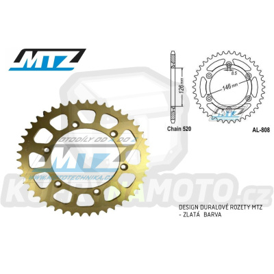 Rozeta řetězová (převodník) Dural 0808-47zubů MTZ zlatý elox - Suzuki RM125 / 80-11+RM250 / 82-12+RMX250 / 89-00+RMZ250 / 07-20+RMZ450 / 05-20+RMX450Z / 10-19+DRZ250 / 01-07+DR350 / 96-99+DRZ400S / 00-20+DRZ400E / 00-07 + Kawasaki KLX400R / 03-04