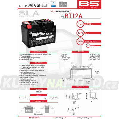 BS baterie moto BT12A (FA) (YT12A-BS, YT12A) 152X88X106 12V 10AH bezúdržbový - naplněný (175A) (4)