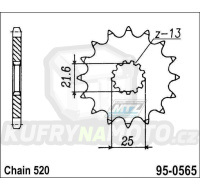 Kolečko řetězové (pastorek) 0565-13zubů Vertex - Yamaha YZ250+YZF450+YZF400+YZF426 + WRF400+WRF426+WRF450 + TDR250+TRZ250+TT500+XT500 + MT03-YZF-R3+YZF-R25 + YFZ450+YFM660R Raptor + Kawasaki ER6F+ER6N+W800+Z650 + KLE650 Versys+EX650 Ninja + Suzuki SV
