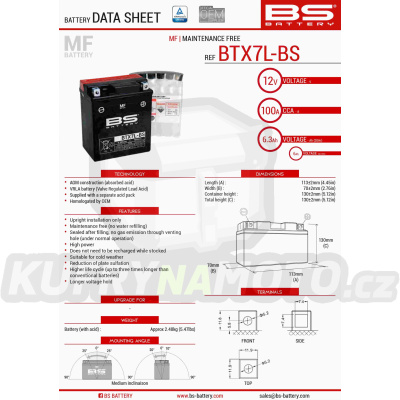 BS baterie moto BTX7L-BS (YTX7L-BS) 12V 6AH 144X71X131 bezúdržbový - elektrolyt přibalen (85A) (6)