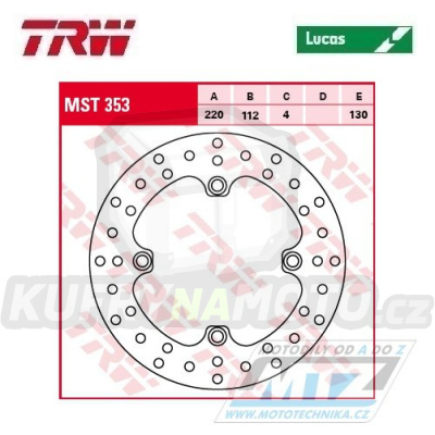Kotouč brzdový TRW MST353 (220/112/4D) - Husqvarna CR125+CR250 + TC250+TC410+TC450+TC510+TC570+TC610 + TE250+TE450+TE510+TE410+TE610 + WR125+WR250+WR300 + WRE125+SM125 + SMR400+SMR450+SMR570+SM610