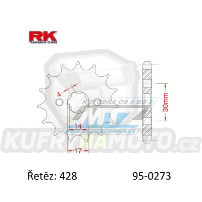 Kolečko řetězové (pastorek) 0273-14zubů RK - Daelim 110 City Ace + Daytona 50 Nova + Honda 125 Supra-X + Kawasaki KLX150+KLX125+KLX125D D-Tracker + Kymco 110 VisaR + pitbike Stomp + pitbike DemonX + pitbike WPB + Thumpstar Pit Bikes + X-Sport Pi