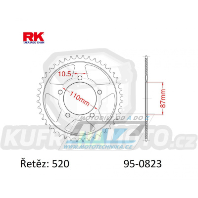 Rozeta ocelová (převodník) 0823-39zubů RK - Suzuki GS400 + GS500 + GSF250 + GSR250 + GSX250R + GW250 Inazuma + SV400 + SFV650 Gladius + SV650 L + DL250 V-Strom + GSX250R + GSX250 F Acrosse
