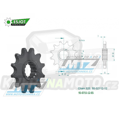 Kolečko řetězové (pastorek) 0715-12zubů ESJOT 50-32112-12 - Gas-Gas EC200+EC250+EC300 + ECF400+ECF450+EC515 + FSE400+FSE450+SM400+SM450+SM515 + Rieju MR200+MR250+MR300