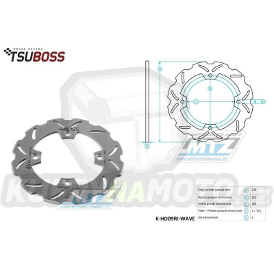 Kotouč brzdový (220/105/4D) - zubatý desing WAVE - Honda CBR125+CBR250 + CBR600+CBR900+CBR1000 + VTR250+VTR1000 + CB250F+CB400+CB600F Hornet+CRF250+XR650L+NSS250+FES250+TRX400 + Triumph 600+650+675+955 Daytona+600 Speed Four+675+900+955+1050 Speed Tr