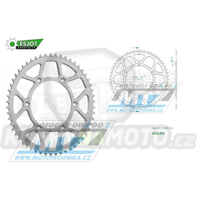 Rozeta řetězová (převodník) Dural 0251-54zubů ESJOT 51-32001-54 - barva stříbrná - Yamaha YZ125+YZ250 + YZF250+YZF400+YZF426+YZF450+YZF450X + WRF250+WRF400+WRF426+WRF450 + TTR230 + Honda XR250+XR350+XR500 + XL250+XL400+XL500