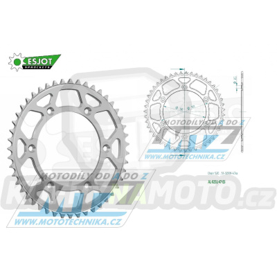 Rozeta řetězová (převodník) Dural 0251-47zubů ESJOT 51-32001-47 - barva stříbrná - Yamaha YZ125+YZ250 + YZF250+YZF400+YZF426+YZF450+YZF450X + WRF250+WRF400+WRF426+WRF450 + TTR230 + Honda XR250+XR350+XR500 + XL250+XL400+XL500