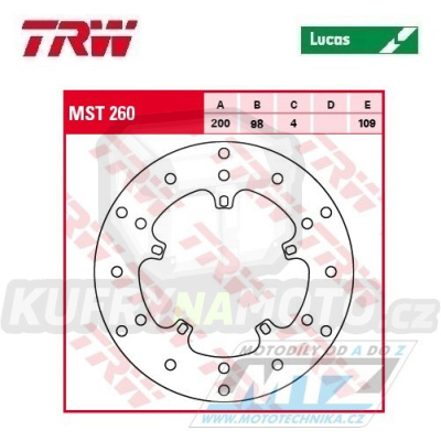 Kotouč brzdový TRW MST260 (200/98/5D) - Derbi Atlantis50+Bolevard + Gilera Ice50 + VX125Runner + VXR180Runner + Kymco People50 + Malaguti Centro50 + Piaggio Fly+Free+Quartz+Sfera+Zip+Skipper + GTX+Hexagon+Sfera+SKR+LXT + GT + Vespa E+LX+S+PX