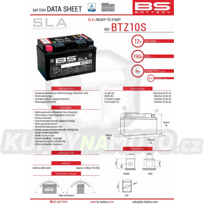 BS baterie moto BTZ10S (FA) (YTZ10S)12V 8,6AH 150X86X95 bezúdržbový - naplněný (190A) (4)