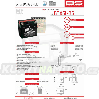 BS baterie moto BTX5L-BS (YTX5L-BS) 12V 4AH 114X71X106 bezúdržbový - elektrolyt přibalen (70A) (8)