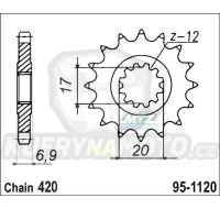 Kolečko řetězové (pastorek) 1120-12zubů MTZ - Aprilia 50RS+Betamotor 50RR+CPI 50SM+Fantic 50 Caballero+Generic 50 Trigger+Malaguti 50+MBK 50 X-Limit + Motor Hispania 50RYZ+Rieju 50+MBK 50 X-Limit+Peugeot 50XP6+Yamaha DT50R