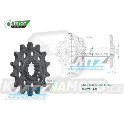 Kolečko řetězové (pastorek) 0707-14zubů ESJOT 50-32141-14S - Aprilia 450MXV + 450RXV+550RXV + 450SXV+550SXV + AJP PR7 650 Adventure + SWM SM500R+650RS