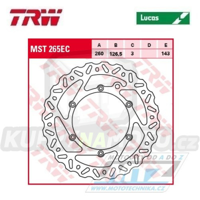 Kotouč brzdový TRW MST265EC (260/126,5/6D) - KTM SX+SXF+EXC+EXCF+EXCR+GS+MXC+LC4+SC+SMR+SXS+SXC+XC+XCF+XCW + Husaberg FE+FS+FX+FC+TE + Husqvarna FC+FE+TC+TE