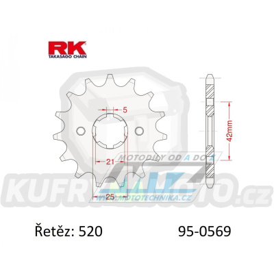 Kolečko řetězové (pastorek) 0569-16zubů RK - Yamaha YZ250+YZ465+YZ490 + WR250+XT250+DT250+DT400 + SR250+RZ250+RZ350 + TY250+TY300+TY350 + RD350YPVS+YFM350 Warrior+Raptor+Banshee + Kawasaki KX250+KX500 + KLX250+KLX300+KDX200+KDX220+KDX250 + Yuki 250