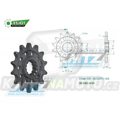 Kolečko řetězové (pastorek) 1581-14zubů ESJOT 50-32071-14S - Yamaha FZ6 + FZ6 Fazer + FZ6 S2 + YZF R6 + YZF750R + YZFR7