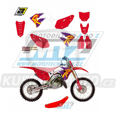 Polepy s potahem sedla včetně polepů číslových tabulek (sada polepů a potah sedla Complete) - Honda CR125+CR250 POLISPORT / 02-07 - typ polepů Retro