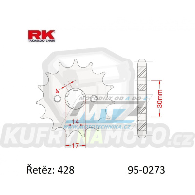 Kolečko řetězové (pastorek) 0273-15zubů RK - Daelim 110 City Ace + Daytona 50 Nova + Honda 125 Supra-X + Kawasaki KLX150+KLX125+KLX125D D-Tracker + Kymco 110 VisaR + pitbike Stomp + pitbike DemonX + pitbike WPB + Thumpstar Pit Bikes + X-Sport Pi