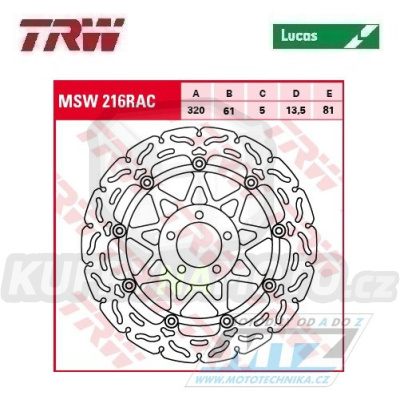 Kotouč brzdový plovoucí TRW MSW216RAC (320/61/5D) - zubatý design - Kawasaki ZXR750+ZX7R Ninja+ZX7RR Ninja+ZX9R Ninja+ZX9R Ninja+ZZR1100+ZX12RNinja + ZZR1200+VN1500+VN1600 + Suzuki VZ1600Marauder