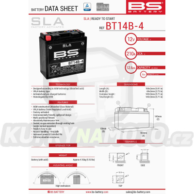 BS baterie moto BT14B-4 (FA) (YT14B4) 12V 12AH 150X69X145 bezúdržbový - naplněný (210A) (4)