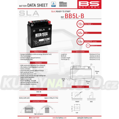 BS baterie moto BB5L-B (FA) (YB5L-B) (12N5-3B) 12V 5AH 120X60X130 bezúdržbový - naplněný (65A) (6)