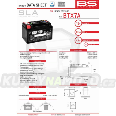 BS baterie moto BTX7A (FA) (YTX7A-BS) 12V 6AH 152X88X94 bezúdržbový - naplněný (90A) (6)