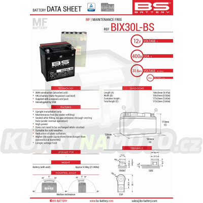 BS baterie moto BIX30L-BS (YTX30L-BS) 12V 30AH 165X125X175 bezúdržbový - elektrolyt přibalen (400A) (2)