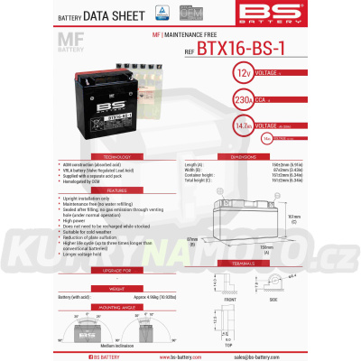 BS baterie moto BTX16-BS1 (YTX16-BS-1) 12V 14AH 152X88X161 bezúdržbový - elektrolyt přibalen (230A) (4)