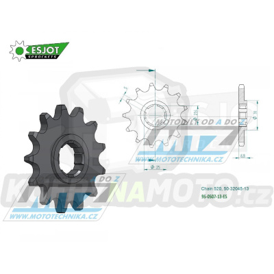 Kolečko řetězové (pastorek) 0507-13zubů ESJOT 50-32045-13 - Kawasaki KX250+KX420+KX500 + Kawasaki KDX250+KDX400+KDX450+KE250 + KLT200+KXT250 Tecate + Husqvarna CR250+CR360 + WR250+WR360 + Cagiva WMX250