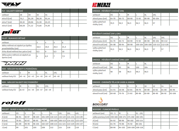 Tabulky velikostí moto bundy kalhoty a ostatní